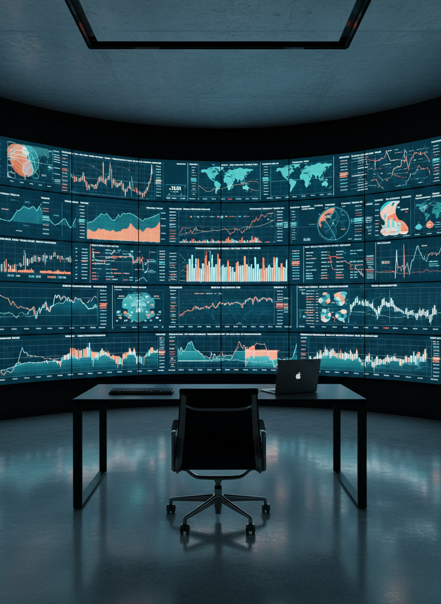 A cinematic, photographic realism image of an ultra-modern trading room without people, featuring a curved wall of large LED screens displaying detailed oil, gas, and metals price charts, heatmaps, and geopolitical risk indicators in sophisticated teal, amber, and white color schemes. In the foreground, a single ergonomic black leather chair is pushed neatly under a matte black desk with a slim keyboard and a closed silver laptop. Cool, diffused overhead lighting creates a focused, professional ambiance with subtle reflections on the polished concrete floor. Captured from a slightly low angle, the composition uses leading lines from the desk and screen edges to draw the viewer into the data-rich environment. The atmosphere is intense yet orderly, conveying precision, depth of analysis, and high-stakes market monitoring.