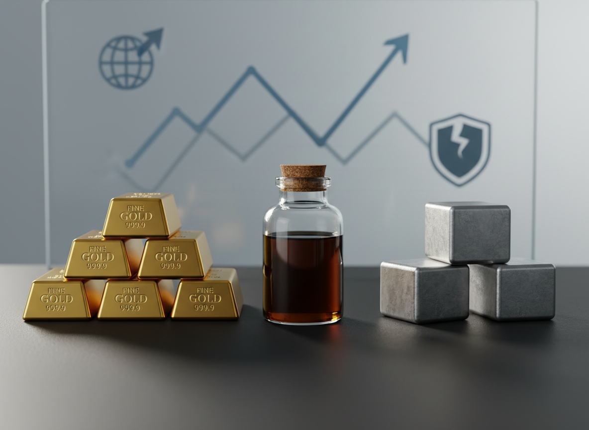 A clean, photographic realism image of three distinct commodities arranged on a matte black surface: a neat stack of gleaming gold bars with sharp, engraved markings; a small, clear glass vial half-filled with crude oil, its dark amber liquid catching subtle highlights; and a cluster of industrial metal ingots with brushed, silvery textures. Behind them, a frosted glass panel displays faint, out-of-focus line charts and geopolitical risk icons in cool blue and gray tones. Soft, diffused side lighting from the right creates refined shadows and emphasizes the textures of metal and liquid without harsh contrast. Shot at eye level with a medium focal length, the centered, symmetrical composition feels balanced, analytical, and authoritative, visually representing cross-commodity analysis and global macroeconomic implications.