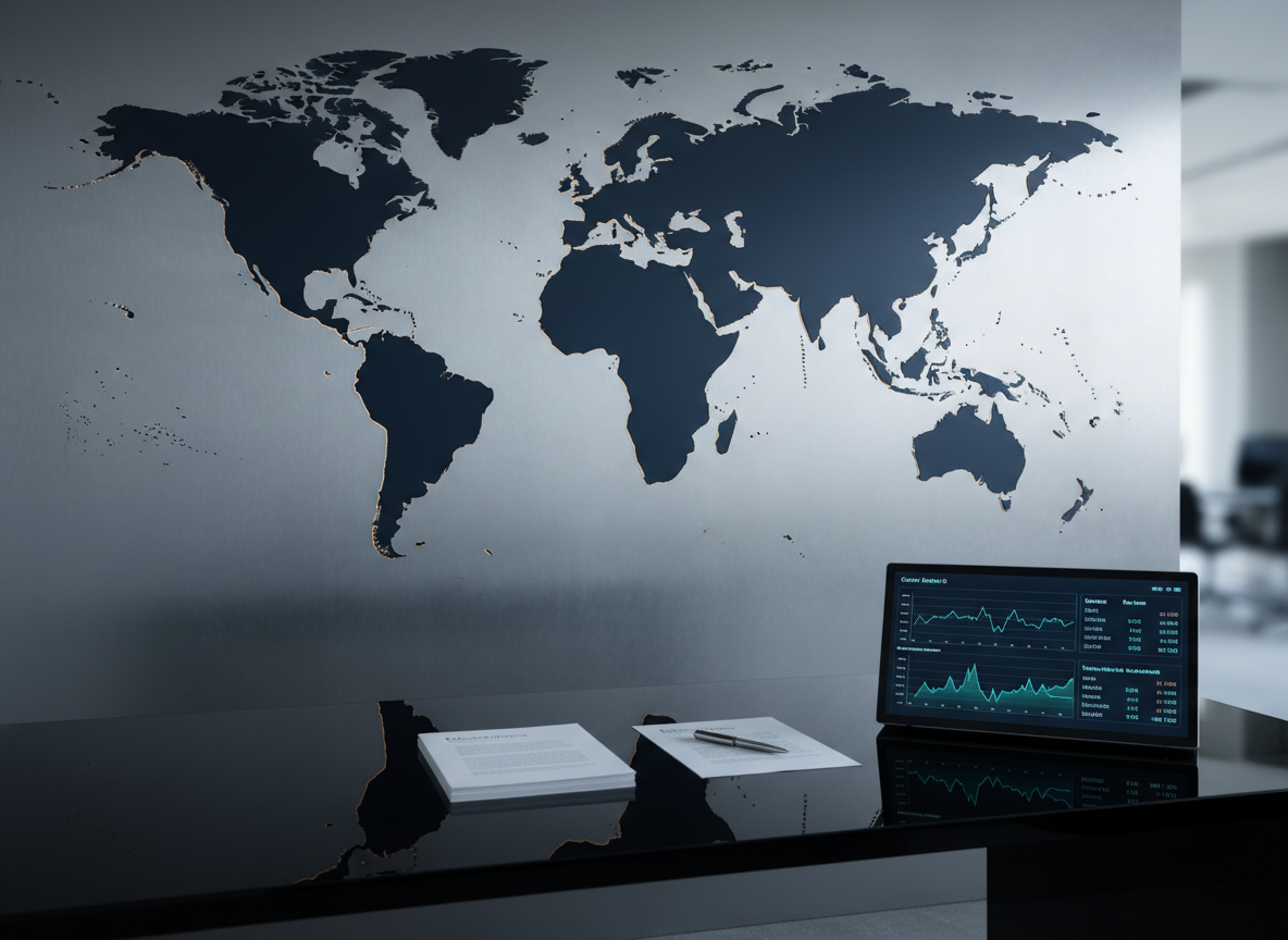 A high-resolution, photographic realism image of a dark navy world map embossed on a brushed metal wall panel, with key maritime chokepoints like the Strait of Hormuz, Suez Canal, and Malacca Strait highlighted in subtle glowing amber lines. In the foreground, a sleek black glass desk holds a pair of neatly stacked research reports, a stainless steel pen, and a minimalist digital dashboard screen showing commodity price charts in cool blues and greens. Soft, directional studio lighting from the upper left creates sharp, professional reflections on the metal and glass surfaces, while the background falls into a gentle, unfocused blur. Shot at eye level with a slightly wide frame, the mood is analytical, calm, and authoritative, reflecting a premium geopolitical and commodity analysis platform.