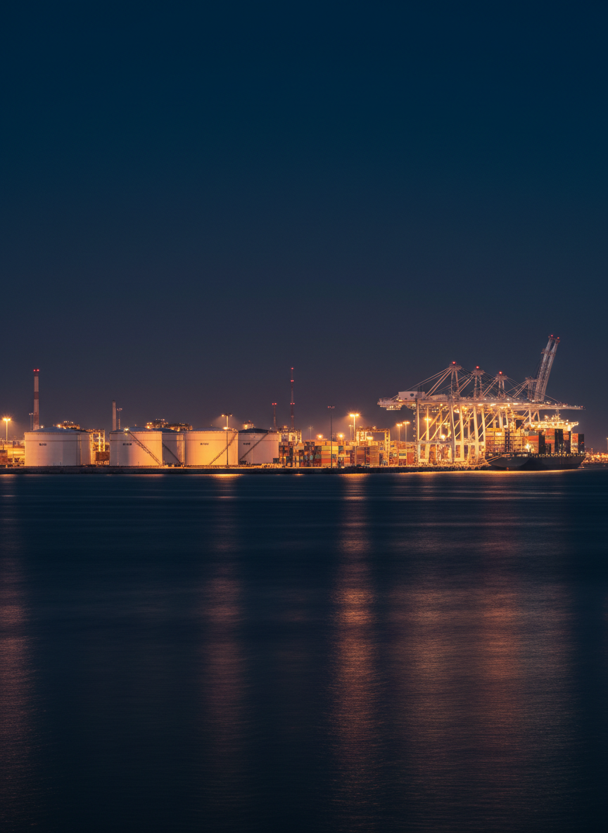 A panoramic, photographic realism view of a night-time port facility seen from offshore, with rows of illuminated oil storage tanks, container stacks, and loading cranes outlined in warm sodium lights against a deep indigo sky. The dark, gently rippled water in the foreground reflects clusters of gold, orange, and white highlights, suggesting active trade routes and energy flows. On the horizon, a few red aviation beacons blink softly atop distant infrastructure. The lighting is predominantly artificial and directional, creating high contrast and crisp edges on industrial structures. Captured at eye level with a long focal length, the composition emphasizes horizontal layers of water, port, and sky. The mood is serious, global, and quietly dynamic, embodying the intersection of commodities, logistics, and geopolitical risk.