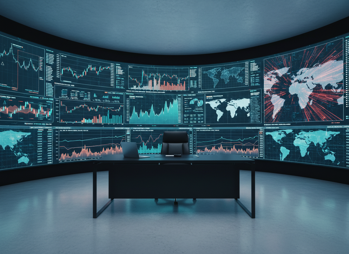 A cinematic, photographic realism image of an ultra-modern trading room without people, featuring a curved wall of large LED screens displaying detailed oil, gas, and metals price charts, heatmaps, and geopolitical risk indicators in sophisticated teal, amber, and white color schemes. In the foreground, a single ergonomic black leather chair is pushed neatly under a matte black desk with a slim keyboard and a closed silver laptop. Cool, diffused overhead lighting creates a focused, professional ambiance with subtle reflections on the polished concrete floor. Captured from a slightly low angle, the composition uses leading lines from the desk and screen edges to draw the viewer into the data-rich environment. The atmosphere is intense yet orderly, conveying precision, depth of analysis, and high-stakes market monitoring.