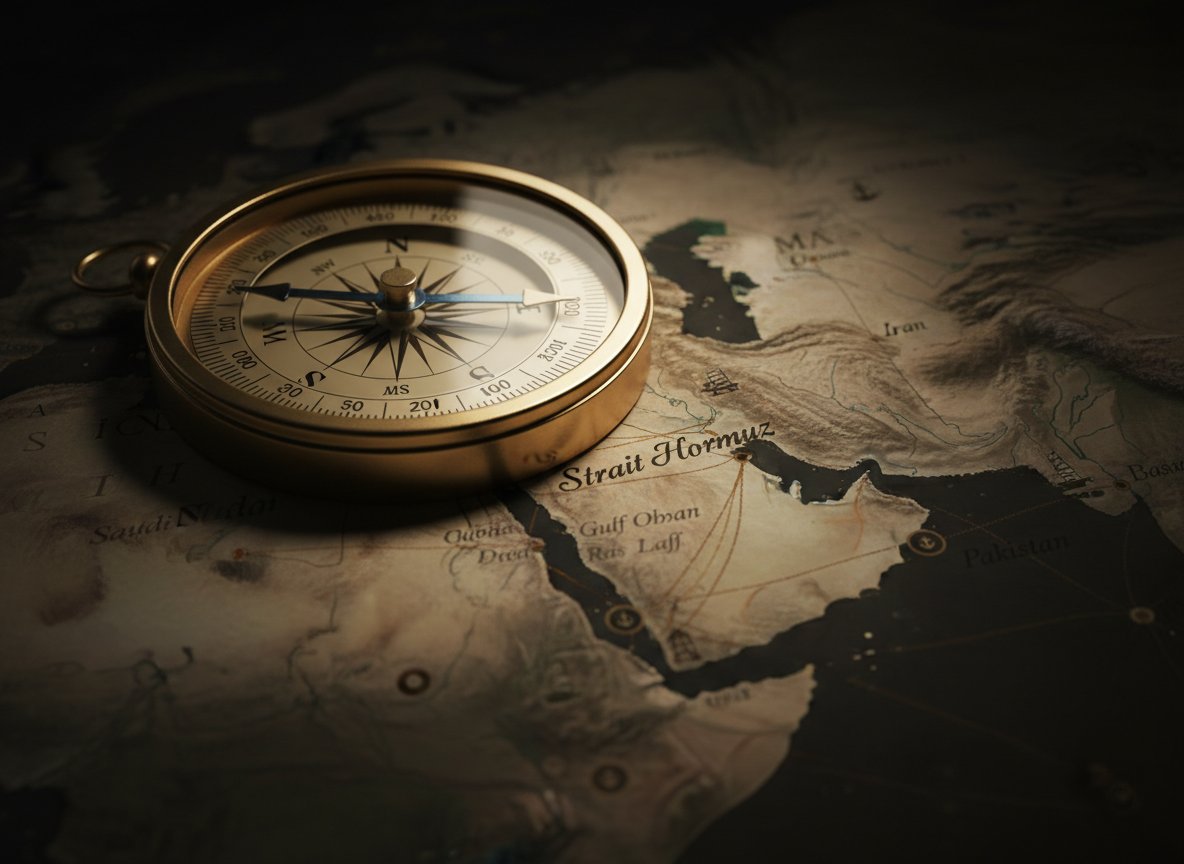 A meticulously detailed, photographic realism macro shot of a polished brass compass resting atop a dark, textured paper map of the Arabian Gulf and surrounding shipping lanes. The compass needle points steadily toward a clearly labelled Strait of Hormuz, with fine engraved degree markings catching warm, focused spotlight illumination from above. The map features subtle relief shading of coastlines, faint trade route lines, and small icons indicating ports and energy infrastructure. The background falls into deep, velvety shadow, isolating the instrument and a small section of the map in crisp focus. Captured from a very close, slightly oblique angle with shallow depth of field, the scene feels precise, strategic, and contemplative, symbolizing navigation through complex geopolitical and commodity market landscapes.