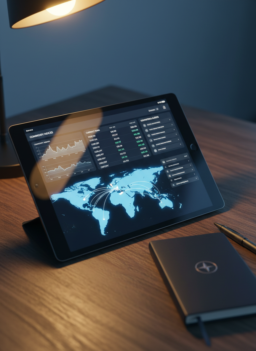 A detailed, photographic realism close-up of a glossy black tablet resting on a dark walnut table, its screen displaying a sophisticated dashboard of commodity indices, currency pairs, and geopolitical event alerts over a stylized map of the Middle East and global shipping lanes. Fine reflections dance on the tablet’s glass surface under soft, directional desk-lamp lighting, casting a warm pool of light that fades gradually into a cooler, shadowed background. Beside the tablet lies a slim, navy-blue notebook with an embossed minimalist logo and a finely machined metal pen. Shot from a slightly elevated angle with shallow depth of field, the edges of the notebook and table blur gently, creating a focused, contemplative, and professional mood ideal for an in-depth analysis platform homepage.