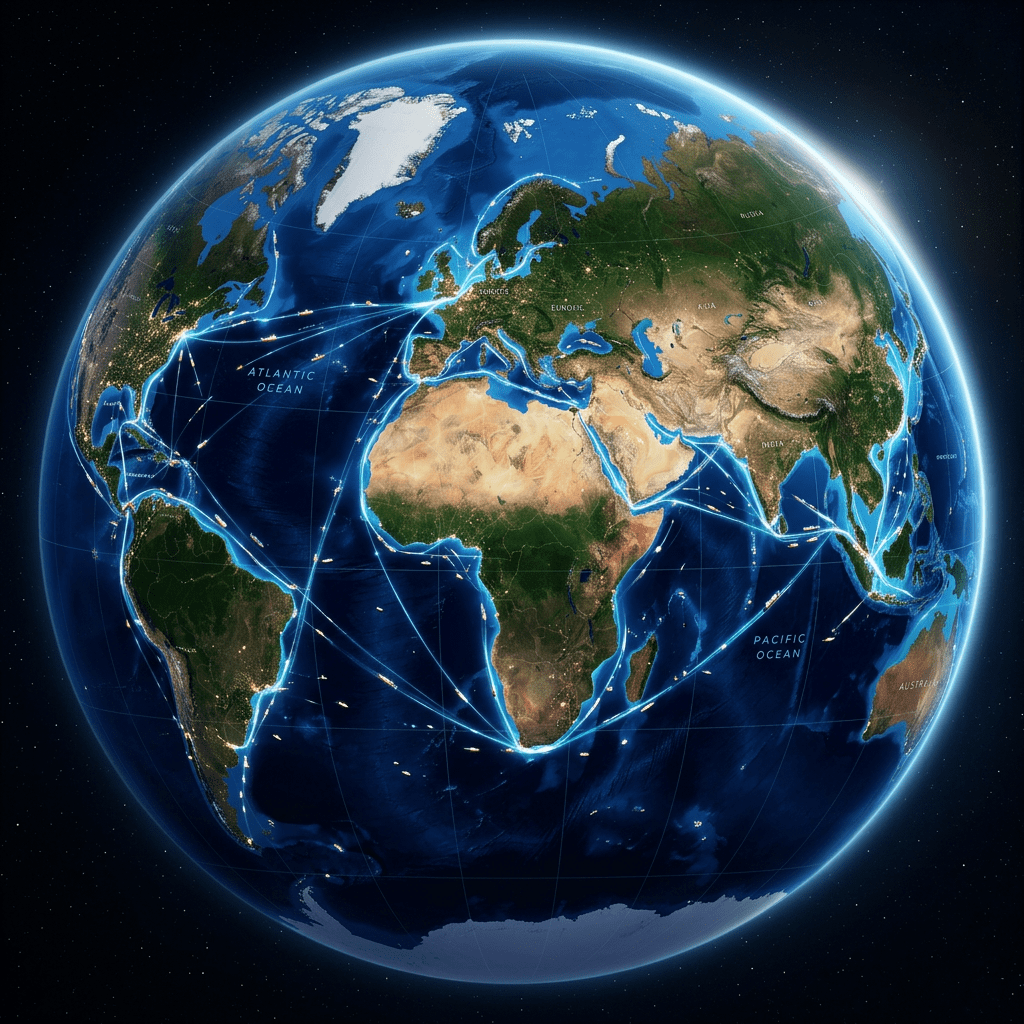 Globe highlighting key global maritime shipping routes over oceans
